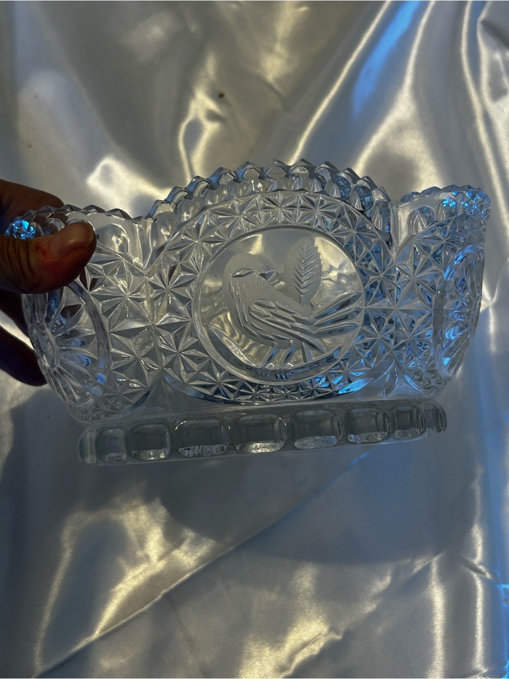 Vtg German Hofbauer Byrdes 24% Lead‎ Crystal Clear Bowl Sawtooth Rim Etched Bird